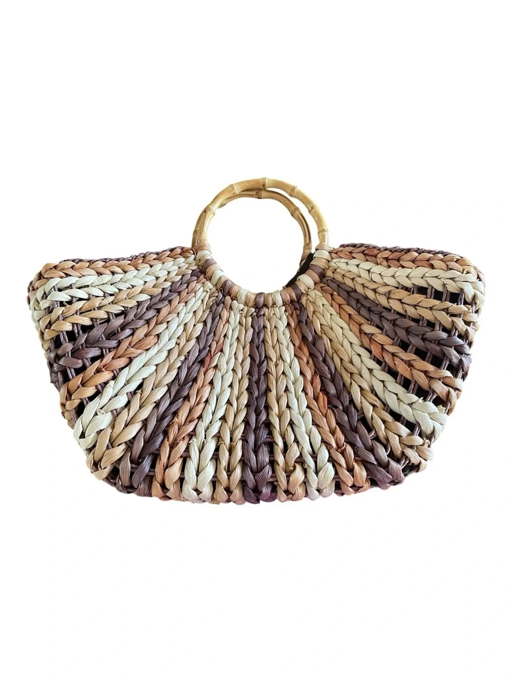 Straw Studios Multi-Neutral Braided Woven Straw Bag Bamboo Handles Bohemian